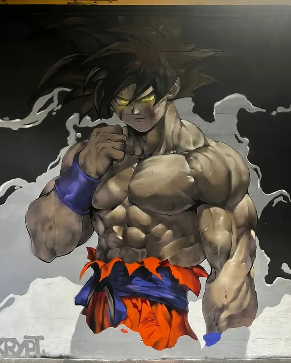 This Goku mural is for the legend Akira Toriyama. I believe watching anime gives you better character development. I wanted to test myself with this piece, and I think it turned out pretty good.