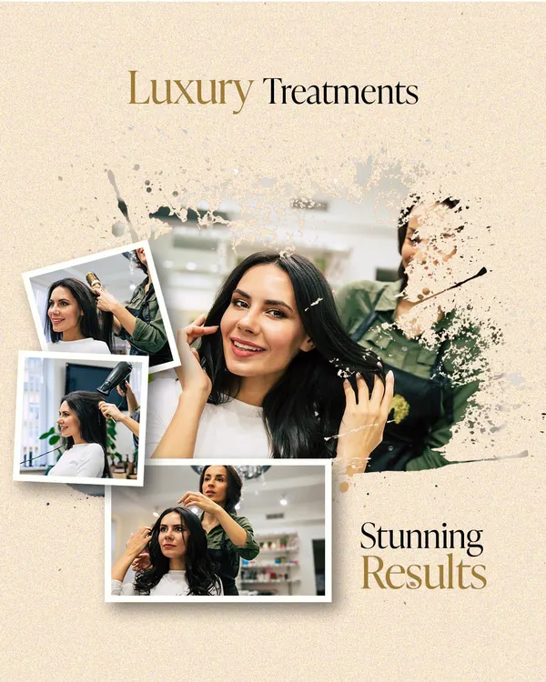 We combine luxury treatments with expert application to deliver stunning results. This collage represents our commitment to transforming your hair and elevating your confidence.