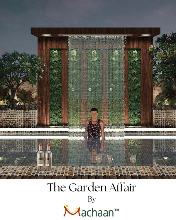 For this Lonavala project, we designed a cascading rain curtain that flows into the swimming pool. Flanked by vertical green walls and overlooking the valley, this water feature creates a serene and dramatic focal point.