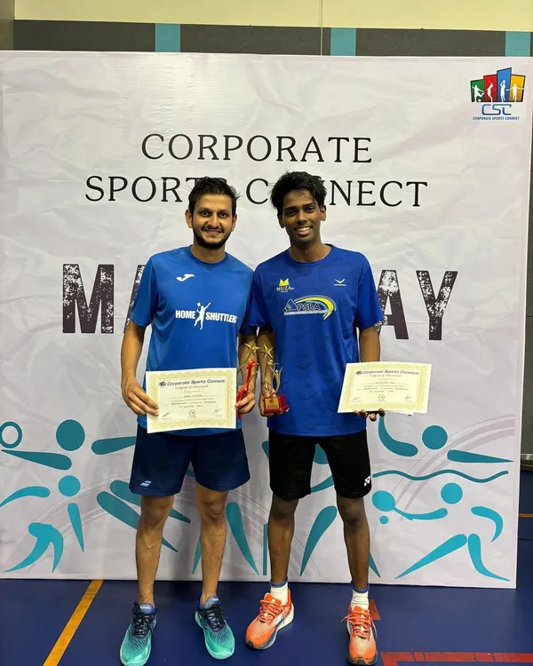 Our coaches, Yash Tiwari and Shubham Pal, after winning gold at the CSC badminton tournament. Their 21-12, 21-14 victory demonstrates the high level of skill they bring to the academy.