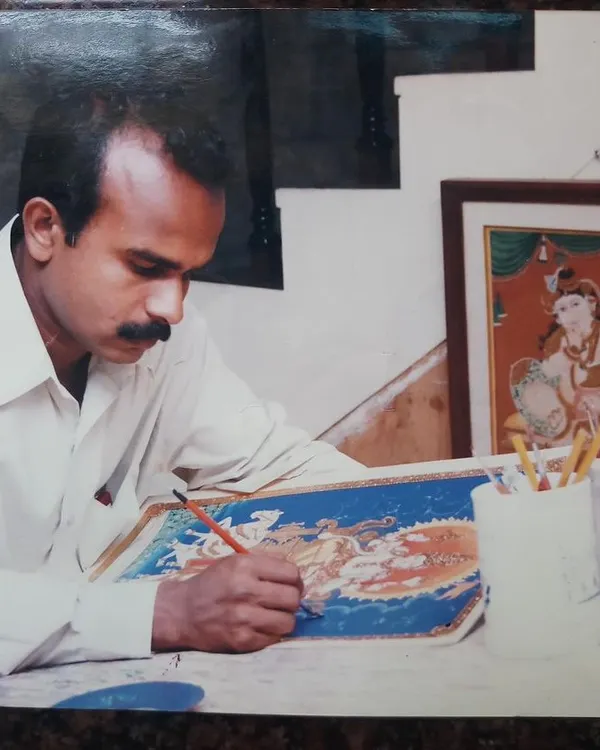 Looking back at the moment when my father, Raghavendra B.B., chose to embrace Mysore painting full-time. His dedication and artistry have brought tradition to life in every stroke.
