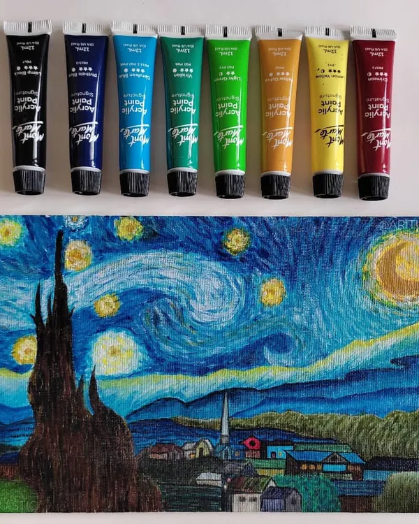 My finished acrylic painting of Van Gogh's "Starry Night" on an Arteza canvas. This was my first painting in over a year and I'm so happy with how the textures and colors turned out.