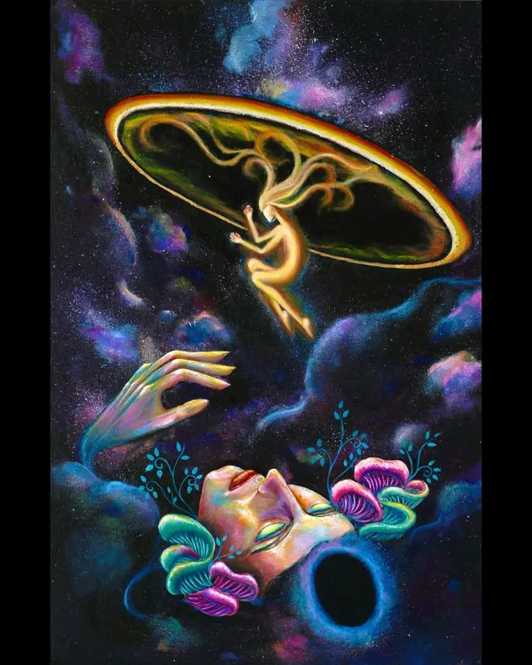 This painting explores the idea of the soul transcending the physical form to connect with a universal light. It's a visual representation of my belief that we are all beings of light, interconnected with the essence of love.