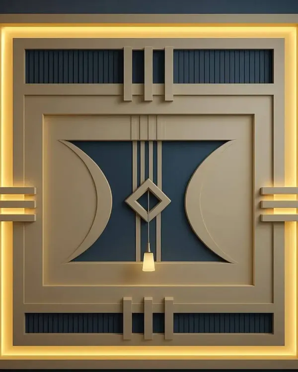 This custom-designed gypsum wall panel features intricate geometric shapes and built-in profile lighting. It's a perfect example of how I can create a high-impact statement piece for a living room or entryway.