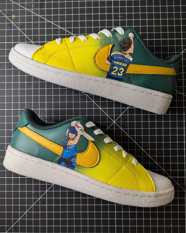 Made for a true fan of the Australian Cricket Team. These custom Nikes feature player portraits and the classic green and gold colors.