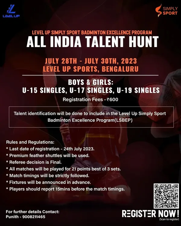 This is your official invitation to get noticed. Our All India Talent Hunt is specifically designed to identify promising young players for our prestigious Badminton Excellence Program. We are scouting for dedicated boys and girls in the U-15, U-17, and U-19 singles categories who have the determination to compete at the highest level. Review the tournament rules and register to take the first step in your professional badminton journey.
