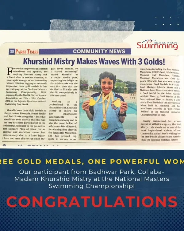 We are incredibly proud to see our swimmer, Khurshid Mistry, featured in the community newspaper for her outstanding achievement of winning three gold medals at the National Masters Swimming Championship. Her success is a testament to her hard work and our dedicated coaching.
