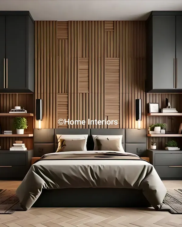 This master bedroom is designed to be a modern sanctuary. I used a combination of dark charcoal tones and warm wood fluting to create a sophisticated backdrop, while integrated bedside units with open shelving and subtle lighting offer both style and practicality.