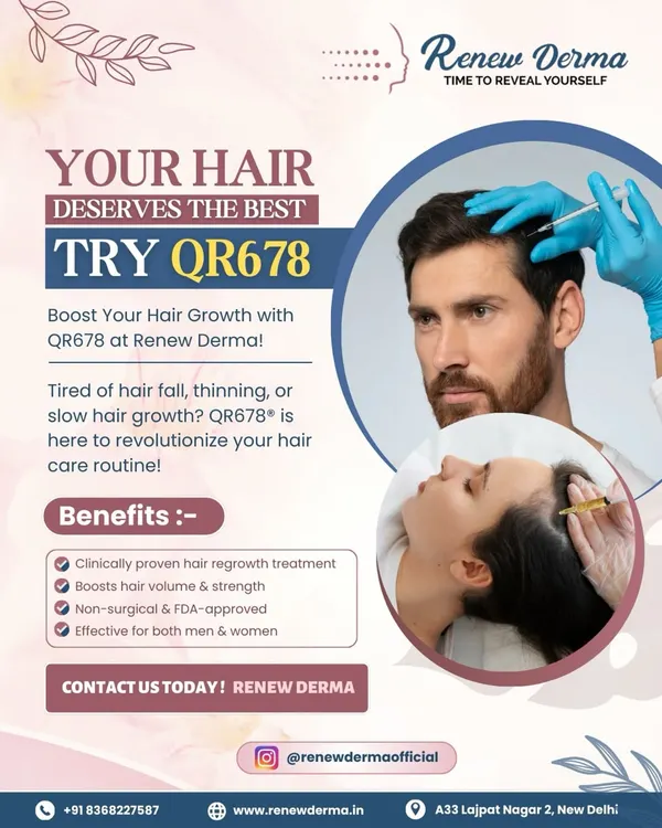 If you are tired of hair fall and thinning, our QR678 treatment is a clinically proven solution. It is effective for both men and women, boosting volume and strength with a non-surgical, FDA-approved formula.