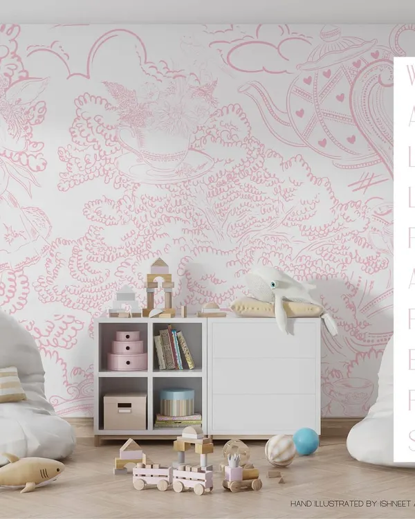 My 'Tea Among the Trees' pattern creates a magical, whimsical world for a child's room. This hand-illustrated wallpaper, with its soft pink line work, is designed to spark joy and storytelling for the little ones.