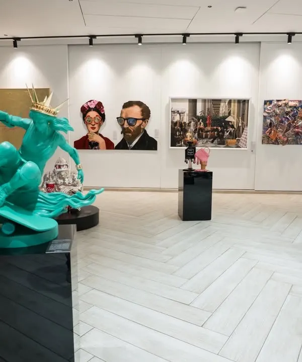 We believe a gallery should be a dynamic stage for art. This view of our space showcases how we curate a dialogue between bold sculptural works and compelling pop art paintings, creating an environment that invites exploration and discovery.