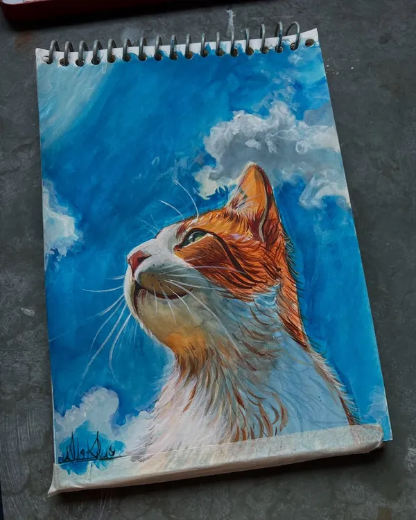 A finished watercolor painting of a cat looking up at the sky. I wanted to capture a sense of wonder and peace in this piece.