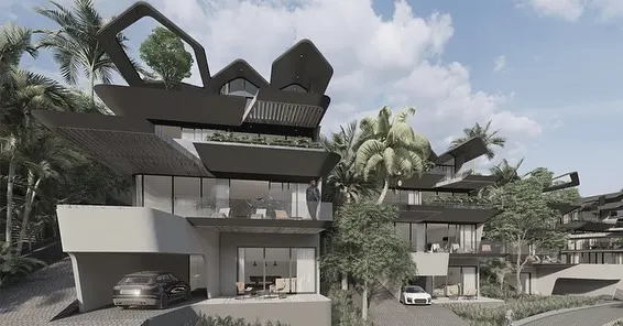 This rendering of our Dona Paula masterplan captures our approach to dynamic, site-responsive architecture. The twisting, cantilevered roofscapes are designed to follow the mountain's natural slope towards the sea, creating unique villas that feel both dramatic and integrated with the tropical landscape.