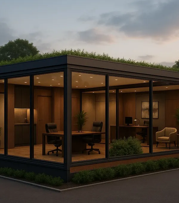 This stunning glass-walled modular office with a green roof is the future of workspace design. It’s an eco-friendly, inspiring environment that we can deliver and install in just 45 days.