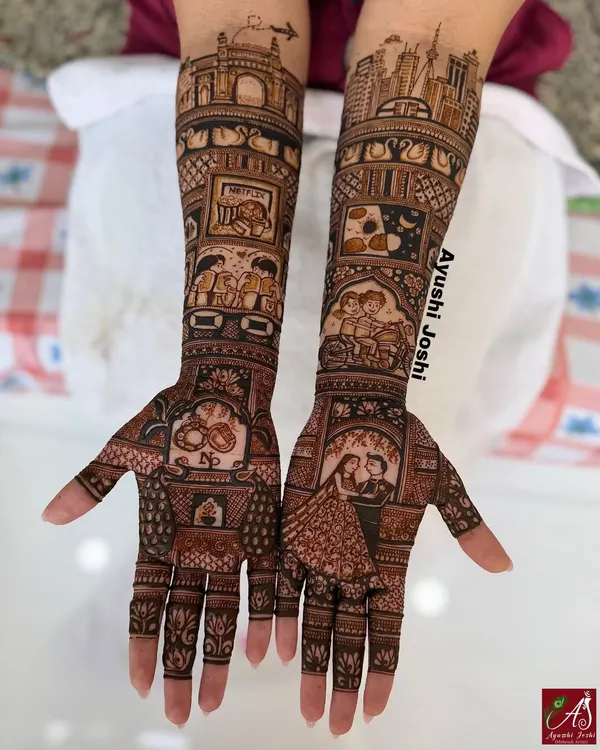 A complete view of a love story mehendi, capturing everything from movie nights to the skylines of the cities that shaped their relationship. Every element is a personal memory.