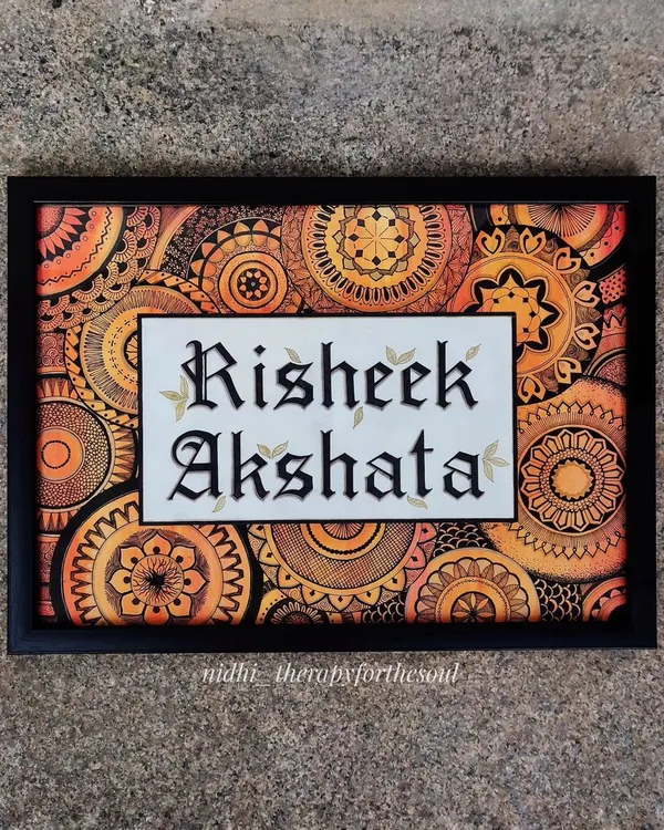 A custom mandala nameplate created for a client in Singapore. I combine intricate doodle-style mandalas with elegant calligraphy to create a personalized piece of art that welcomes you home.