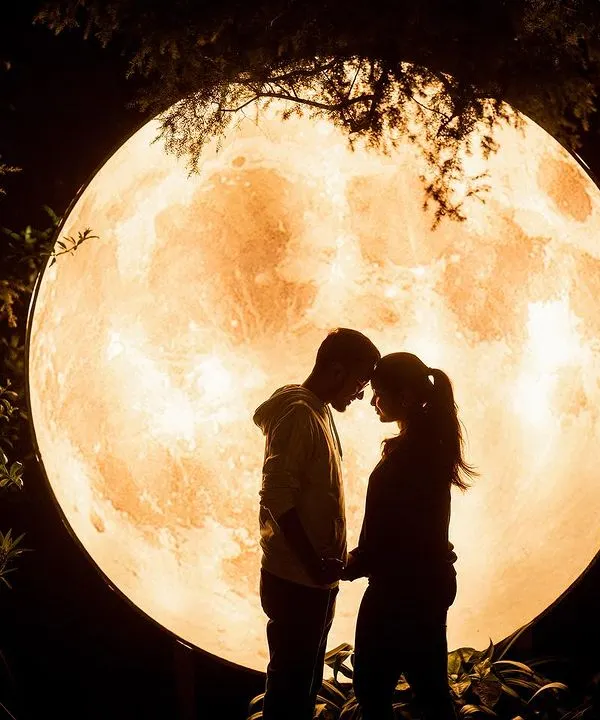 A silhouette of a couple against a stunning moon backdrop, creating a truly magical and romantic pre-wedding portrait. We love playing with light to create dramatic and unforgettable night shots like this.