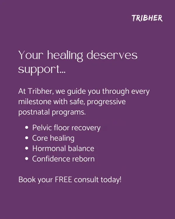 Your healing deserves support. This graphic outlines the key areas our postnatal programs focus on: pelvic floor recovery, core healing, hormonal balance, and rebuilding confidence.
