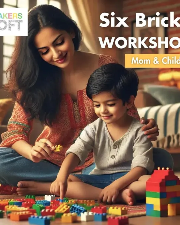 This image announces my 'Six Bricks' workshop, a special session for moms and children. In these workshops, I guide parents on how to use just a few blocks to teach concepts in math, memory, and language, strengthening the parent-child bond through shared learning.