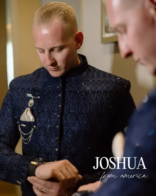 A portrait of Joshua from America, getting ready for his Indian wedding. This shot captures a quiet moment of reflection, highlighting the details of his fusion attire.