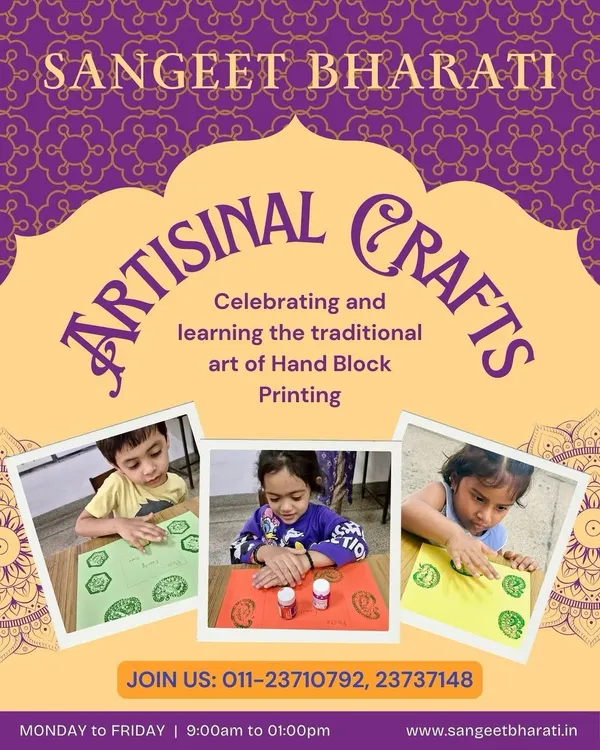 Our young artists explore heritage crafts like traditional Hand Block Printing. This activity not only enhances their creativity and fine motor skills but also connects them to India's rich artisanal traditions, as they press and stamp beautiful patterns.