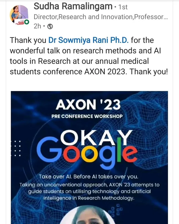 It was a pleasure to speak to young MBBS students at the AXON '23 conference about using AI tools in medical research. We discussed how technology can guide research methodology and help future doctors become proficient in medical writing.