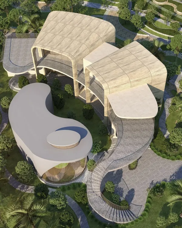 An aerial view of the Cipla Museum and Dining Facility, a project shortlisted for the World Architecture Festival. The design features organic, flowing forms that create a unique civic space, blending the building with the surrounding landscape.