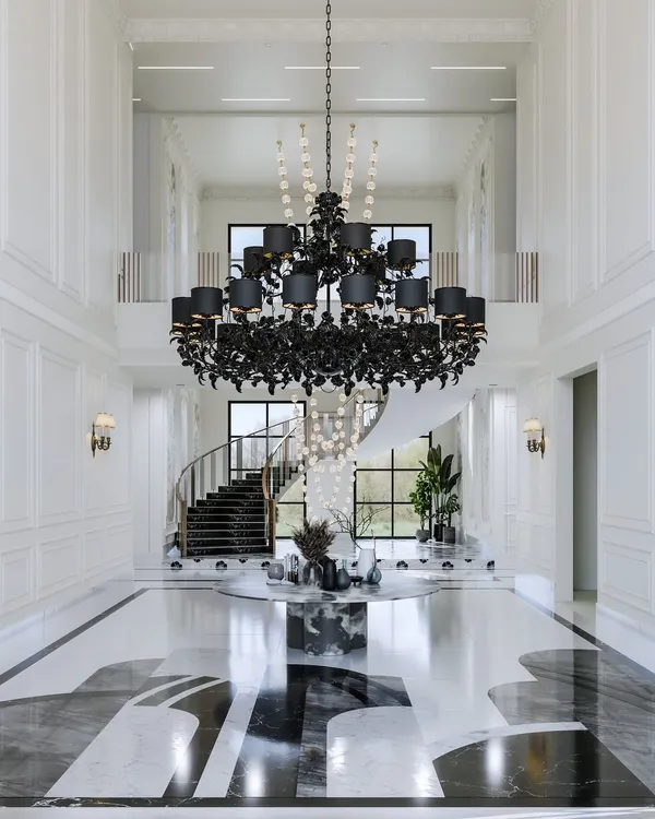 This visualization of a double-height entrance lobby, a concept by Disha Subramanium, is a study in dramatic composition and scale. I focused on capturing the interplay between the immense volume of the space and the intricate details, from the polished reflections on the marble inlay floor to the commanding presence of the cascading black chandelier. My goal was to render not just a space, but a feeling of arrival and grandeur.
