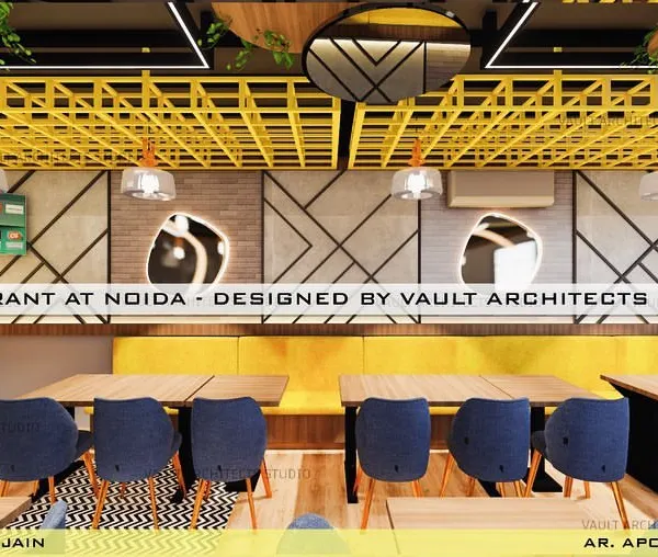 A 3D render of the Kaala Namak restaurant, showcasing the vibrant dining area. The design uses a bold yellow ceiling lattice, geometric wall patterns, and comfortable seating to create a modern and energetic vibe.