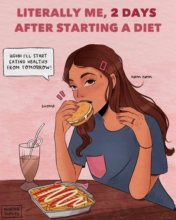 A relatable illustration for all the foodies out there. This piece captures that moment of giving in to cravings with a burger and fries, with the promise to start eating healthy 'tomorrow'.