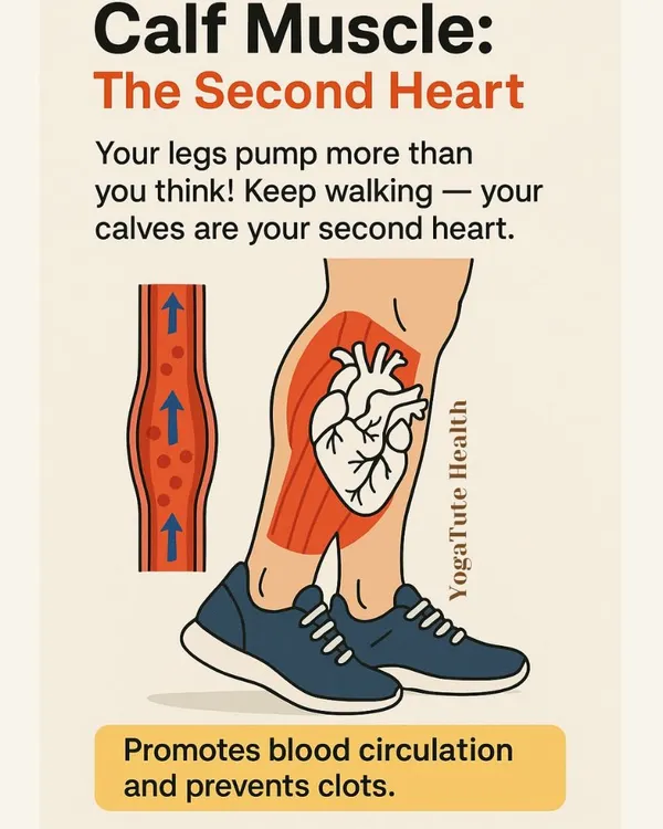 This diagram explains why the calf muscle is often called "The Second Heart." Activating the calves through walking and yoga promotes blood circulation and helps prevent clots, easing the workload on your heart.