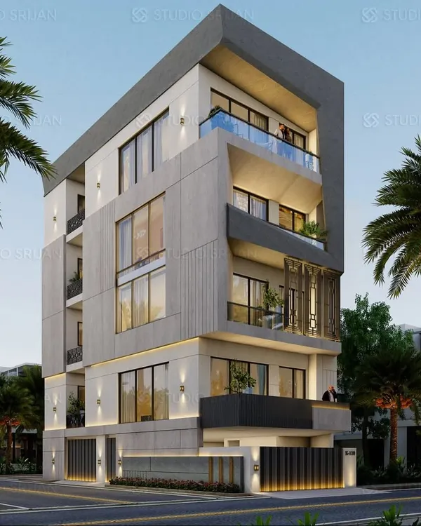 This modern residence in Kirti Nagar, New Delhi, showcases our love for clean lines, mixed materials, and creating a strong street presence. I designed this facade to be both elegant and imposing, using a combination of stone cladding and large glass panels to balance privacy with natural light.