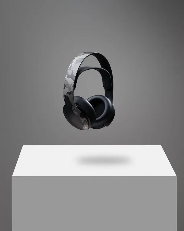 A floating or "levitation" shot of PlayStation headphones. This creative technique gives the product a weightless, premium feel and is perfect for tech gadgets.