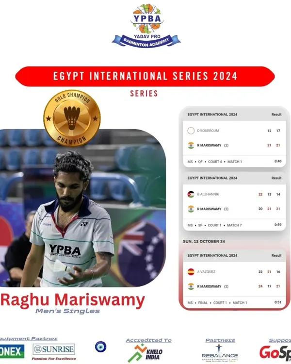 A golden moment for the academy. This poster celebrates Raghu Mariswamy's Men's Singles Gold Champion title at the Egypt International Series 2024, a testament to his hard work.