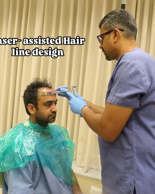 The first step to a natural result is a perfectly designed hairline. Here, I am using a laser hairline device to ensure absolute symmetry and precision, creating an age-appropriate and aesthetically pleasing frame for the patient's face.