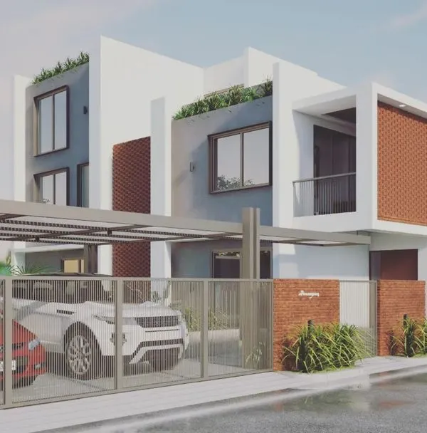 A 3D render of an upcoming contemporary residence in South Bangalore. The design plays with geometric volumes, combining clean white and grey surfaces with textured terracotta-colored panels and integrated planters for a balanced facade.