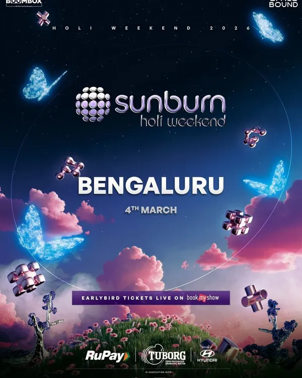 The official announcement for the Sunburn Holi Weekend in Bengaluru, a massive celebration of color and music.