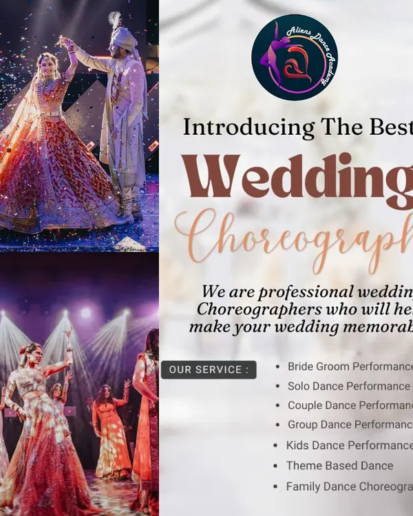 We specialize in turning your wedding events into unforgettable dance spectacles. This collage captures the essence of our work, showcasing a romantic couple performance, a high-energy group sangeet act, and a clear overview of the services we offer to make your celebration memorable.