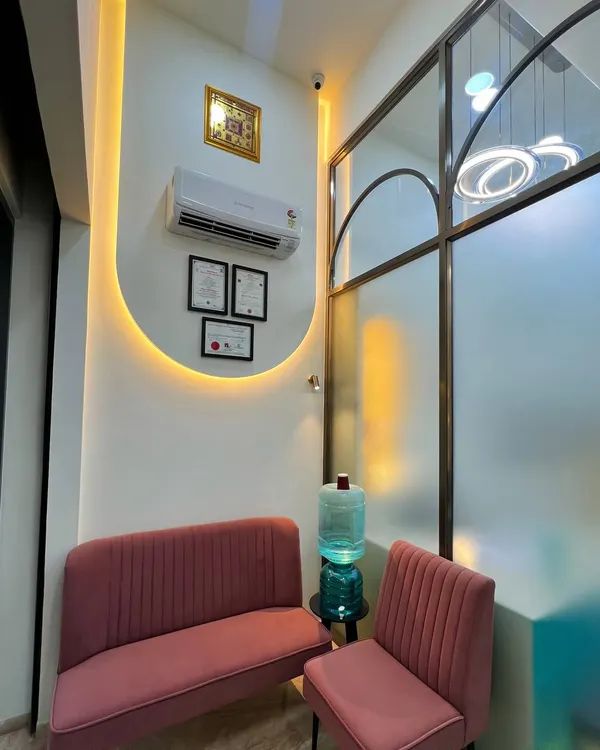 This waiting area in a Powai dental clinic was designed to be a serene sanctuary. I used soft, curved forms, warm ambient lighting, and plush seating to create a calming atmosphere that puts patients at ease from the moment they arrive.
