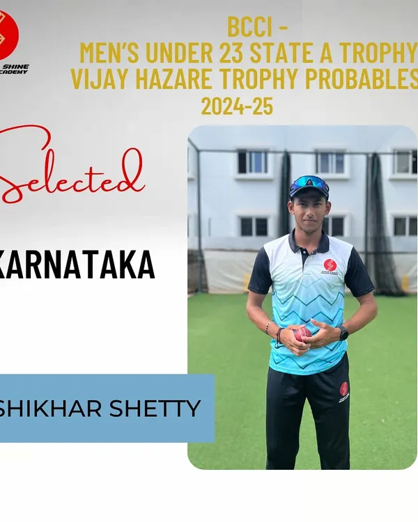 Huge congratulations to Shikhar Shetty on his selection for the Karnataka Under 23 State Team and Vijay Hazare Trophy probables. Your hard work is paying off, and we are beyond proud.