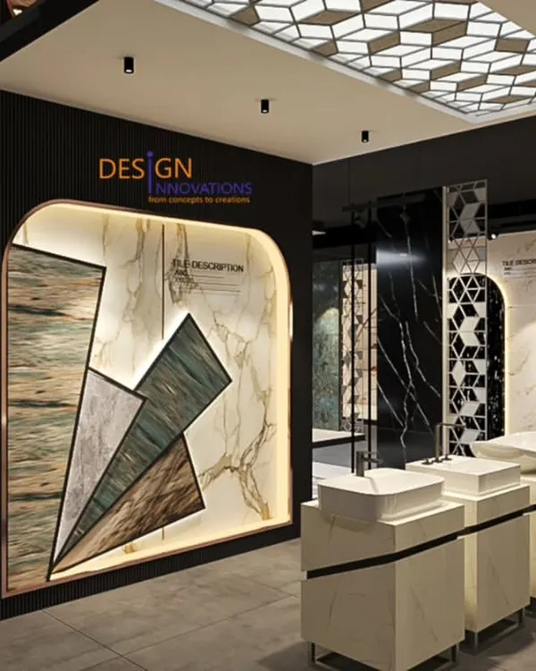 This is a glimpse of a luxury showroom we designed for the Hindware Italian Collection. The goal was to create a high-end experience, using dramatic black marble, geometric ceiling details, and focused lighting to showcase product displays and material samples.