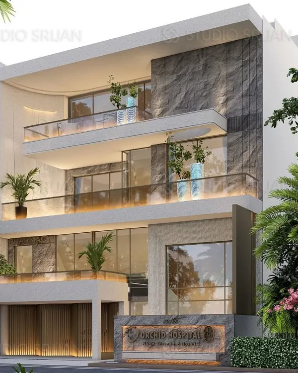 The 3D render for Orchid Hospital, a 400 sq. yard healthcare facility in Dwarka. The design aims to create a welcoming and non-intimidating environment, using natural stone, large windows, and integrated planters on the balconies.
