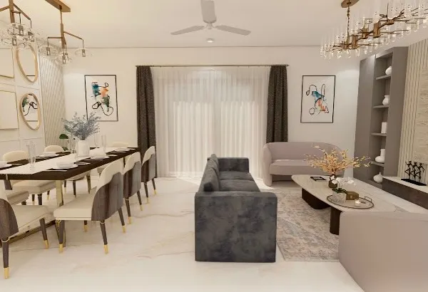 A complete view of the living and dining space designed for a home in ATS Pristine, Noida. We used a mix of comfortable seating, elegant chandeliers, and a statement mirror wall to create a space that is both glamorous and welcoming for family and guests.