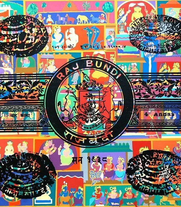 Malchand Pareek's work is a vibrant celebration of Indian graphic traditions. This painting beautifully combines motifs from old stamp papers and miniature paintings with a bold, modern color sensibility.