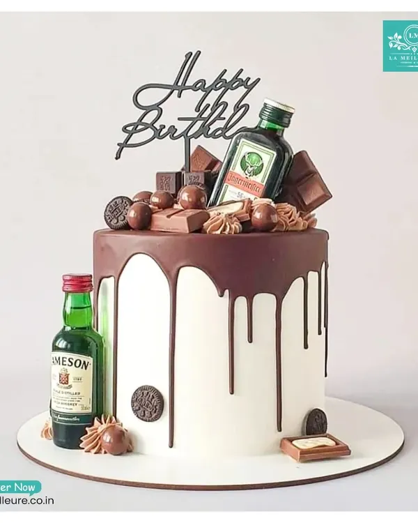 I love bringing your unique ideas to life, like this fun birthday cake for a whiskey enthusiast. This custom creation features a rich chocolate drip, chocolate bar decorations, and miniature bottles of Jameson and Jägermeister for a truly personal touch.