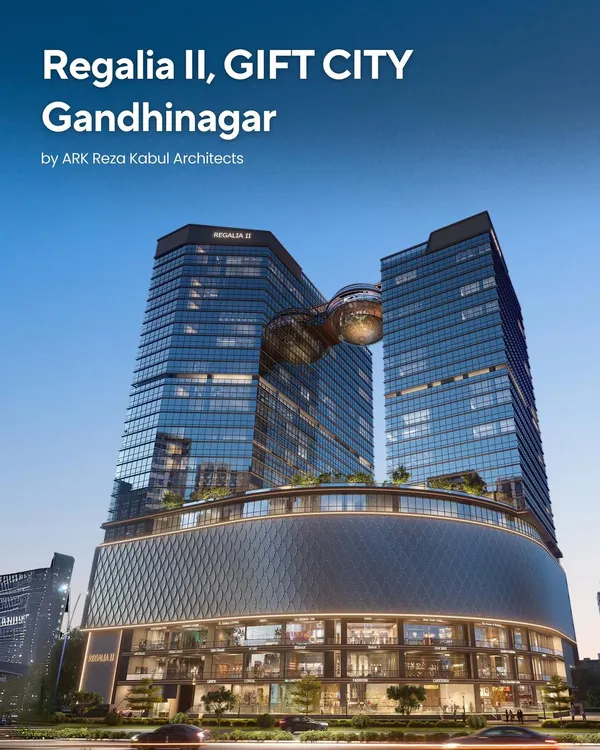 A render of Regalia II in GIFT City, a 28-floor mixed-use project. The design features premium office spaces, luxury retail, and a signature restaurant in a globe-like structure connecting the two towers.