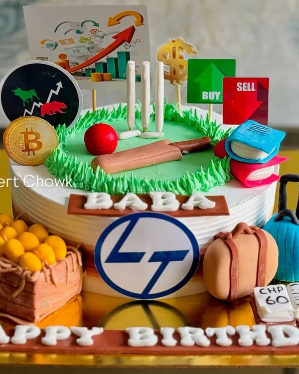 This cake was a special request, combining all of the birthday boy's favorite things: cricket, the stock market, travel, and even a crate of mangoes. I used a mix of fondant and edible prints to bring it all together.