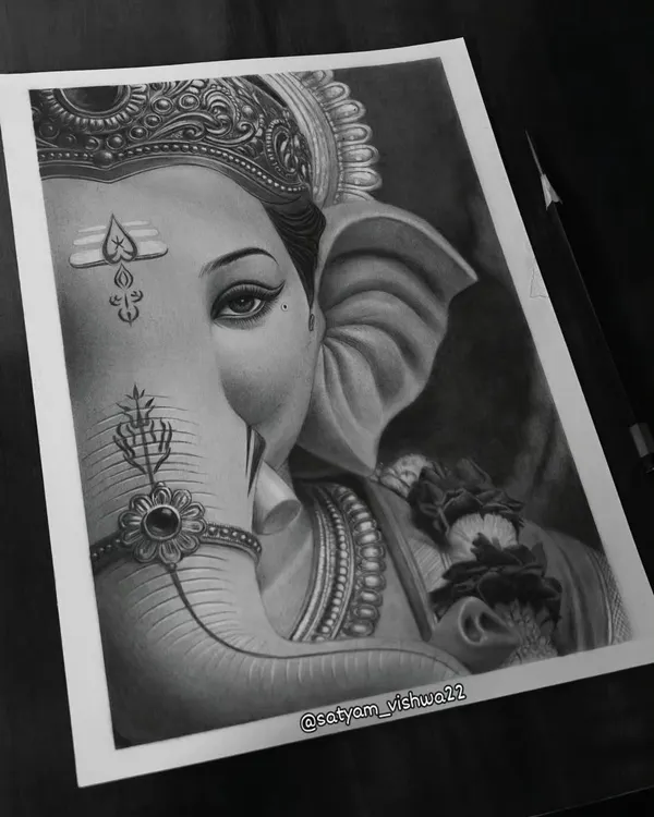 The final version of my artistic half-face Ganesha sketch. The contrast and shading give it a modern yet reverent feel, making it a unique piece of Ganpati wall art.