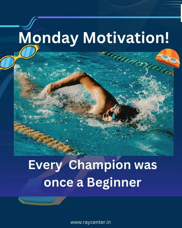 A motivational image of a swimmer in action, reminding everyone that every champion was once a beginner.