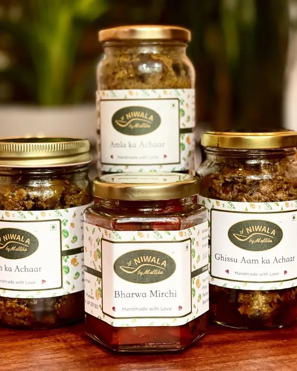 A small batch of my best-selling pickles, including Aam ka Achaar, Bharwa Mirchi, Ghissu Aam ka Achaar, and Amla ka Achaar. These were sent to the US as special Christmas gifts from a proud daughter to her friends.